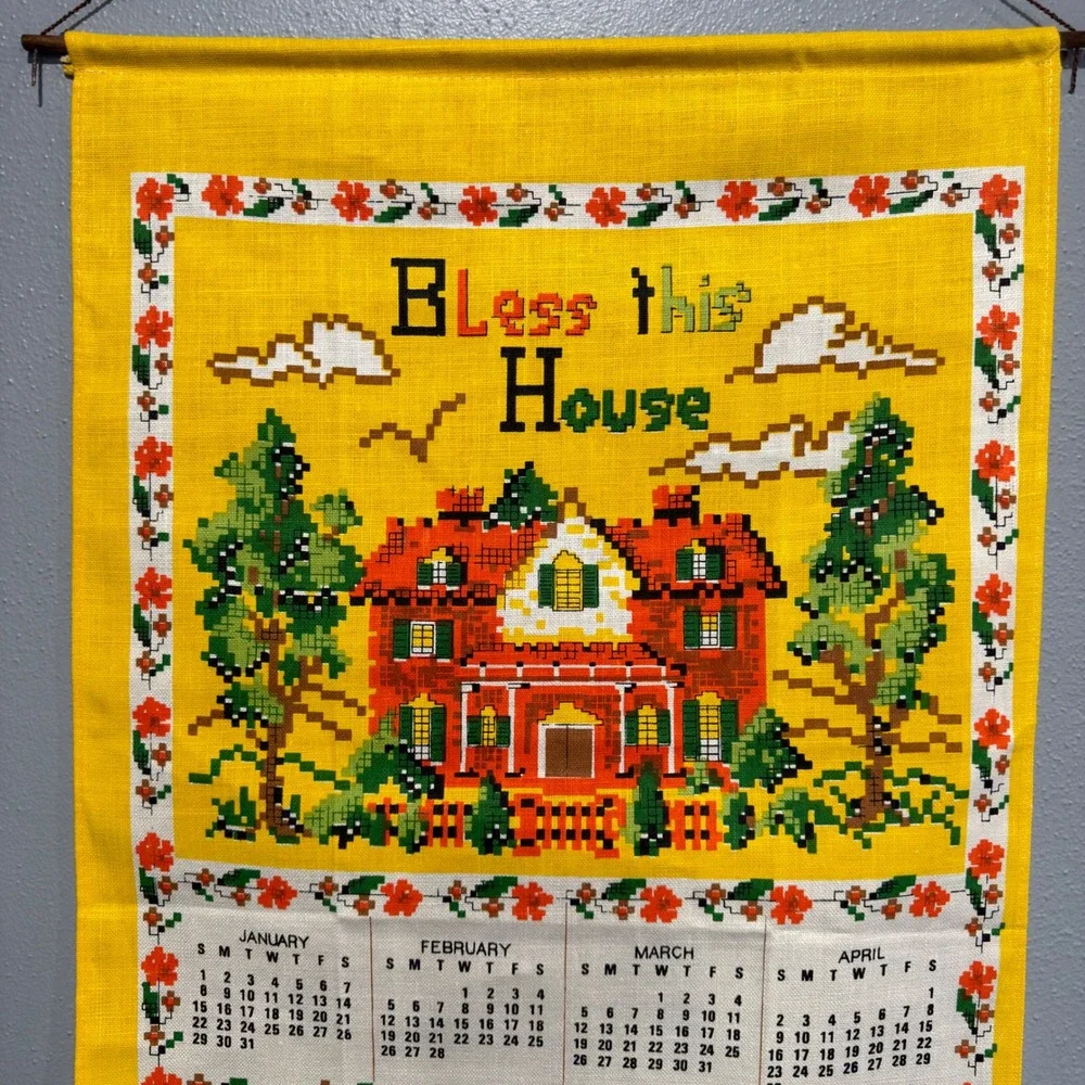 Vintage 1978 Bless This House Linen Calendar Tea Towel Wall Hanging Yellow 16x28